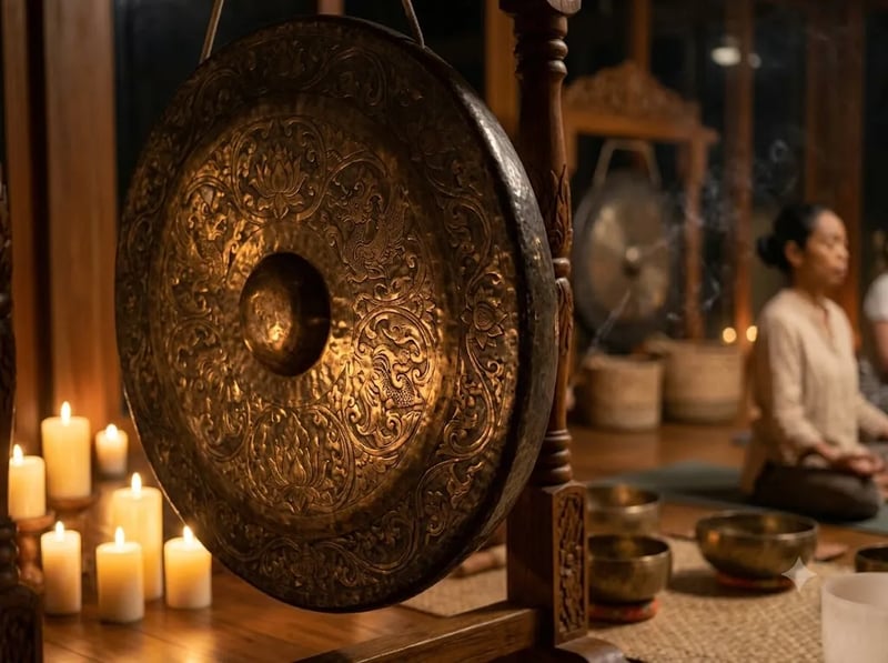 Large gong catching warm candlelight in a dim room