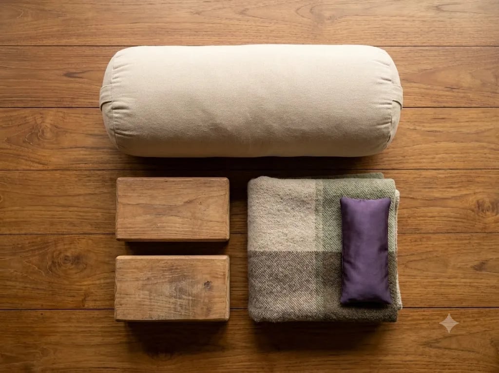 Restorative props: bolster, blocks, blanket and eye pillow on wood