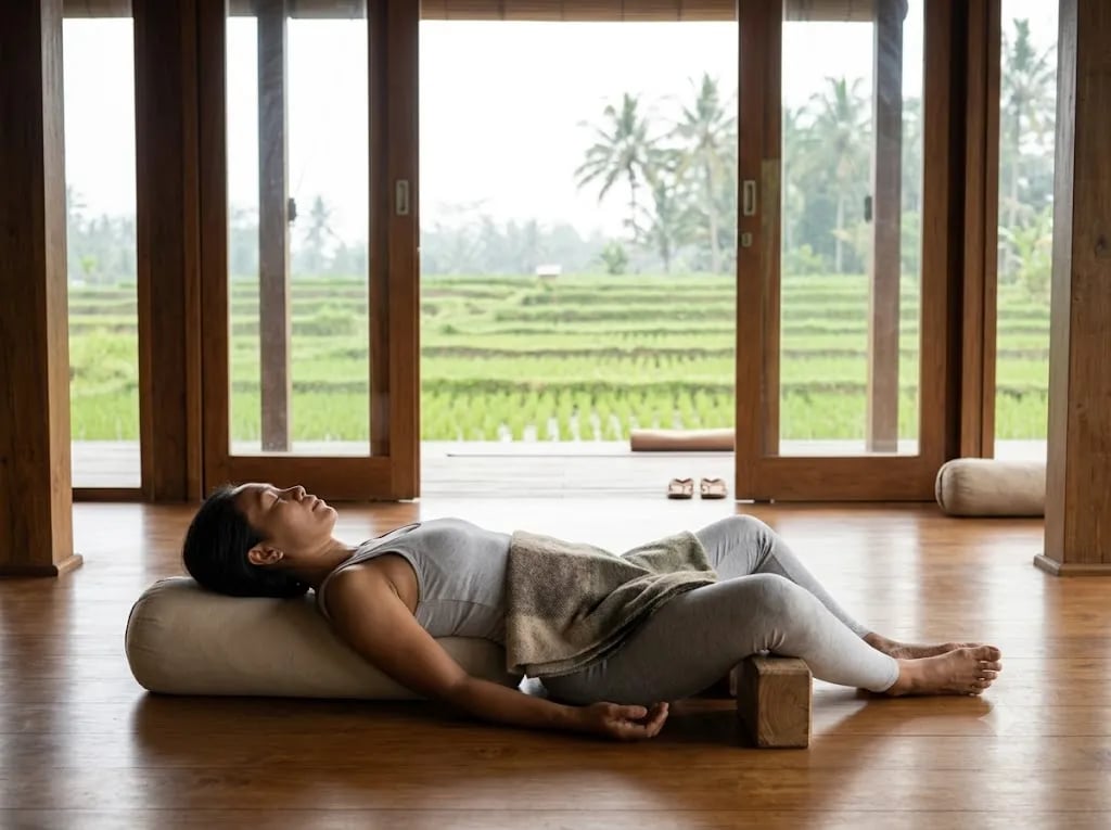 Supported reclined bound-angle pose over a bolster