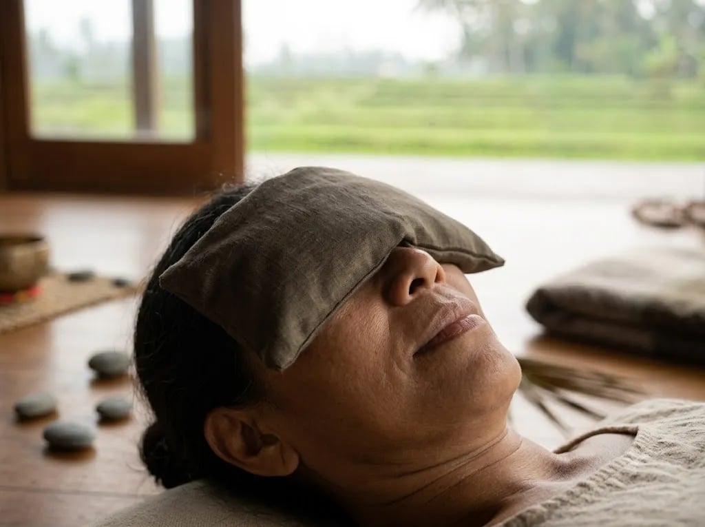 Eye pillow resting over closed eyes