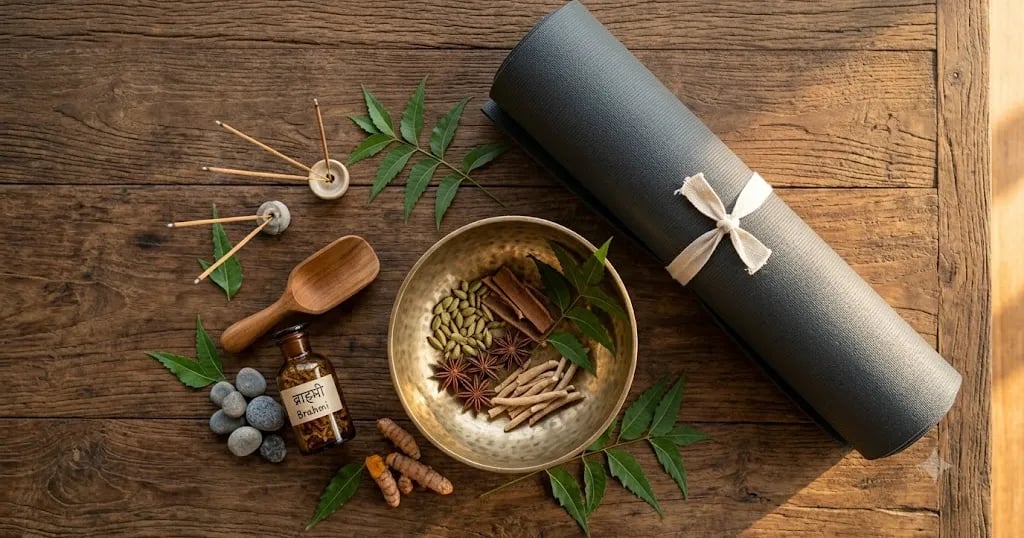 Rolled yoga mat beside Ayurvedic herbs, oils and a brass bowl