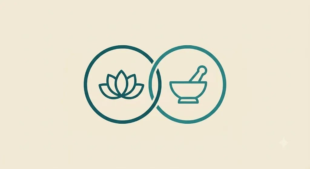 Interlinked lotus and mortar-and-pestle icons