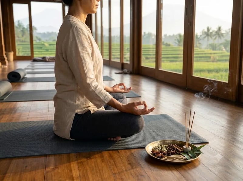 Seated meditation beside a tray of Ayurvedic herbs