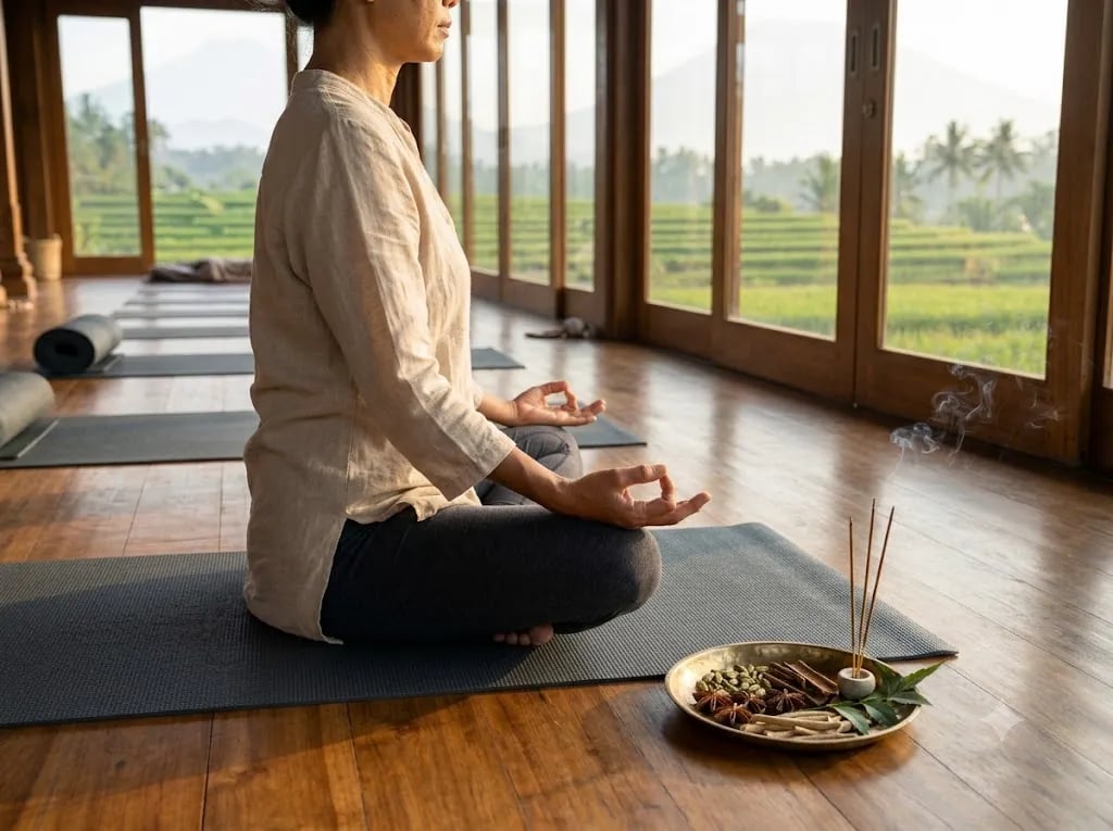 Seated meditation beside a tray of Ayurvedic herbs