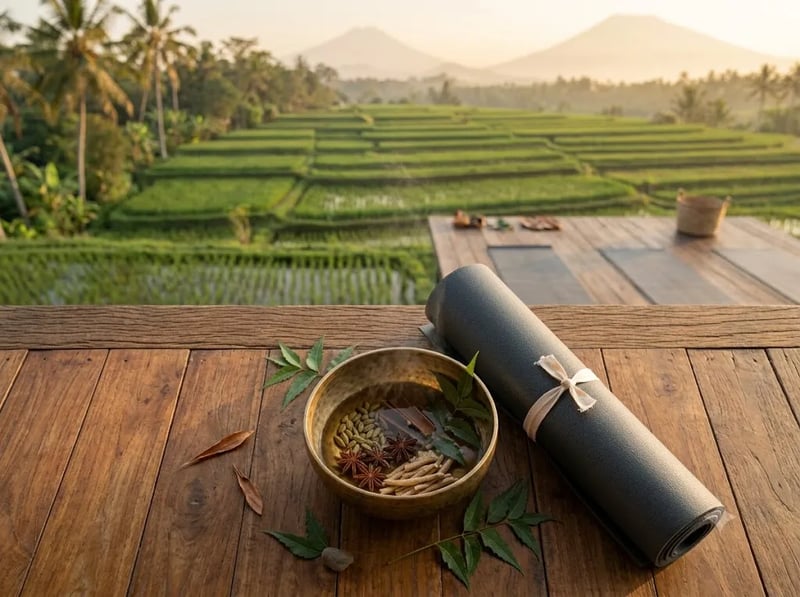 Herbal tea and a rolled mat on a deck over rice fields