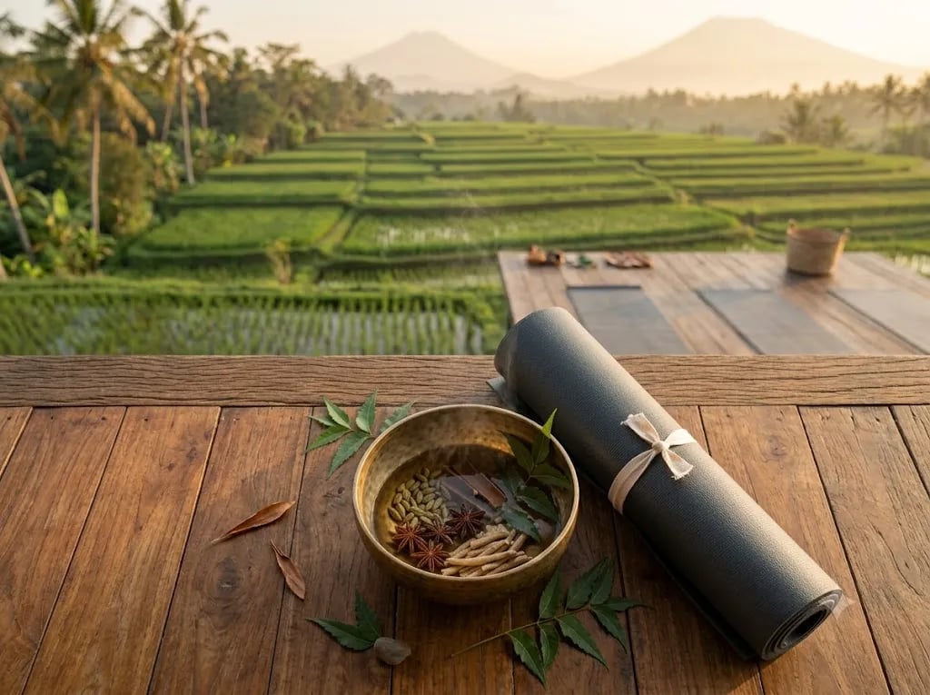 Herbal tea and a rolled mat on a deck over rice fields