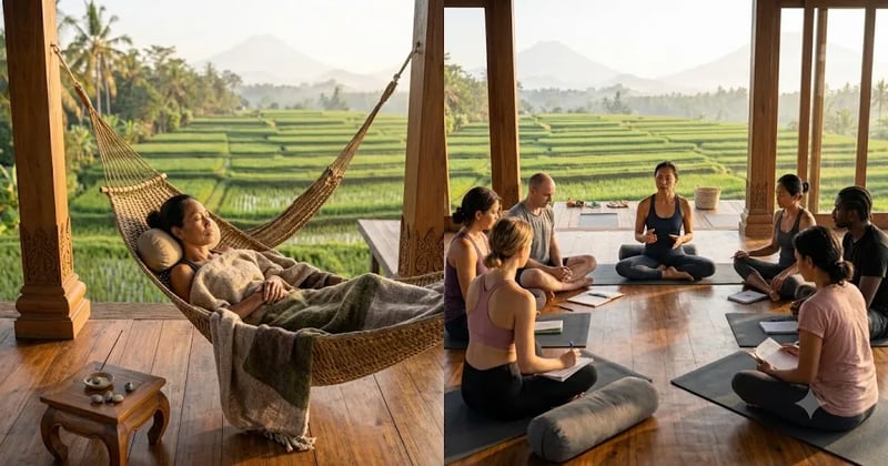 A relaxing retreat scene beside a focused teacher-training class