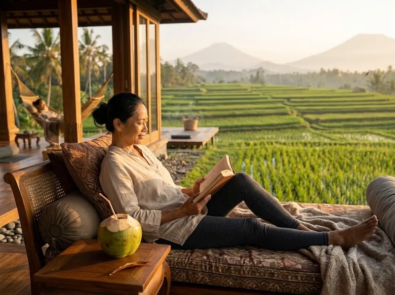 Person relaxing with a book and coconut overlooking rice fields