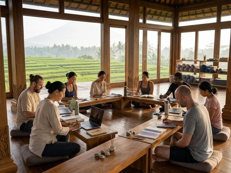 Students taking notes in a bright teacher-training room