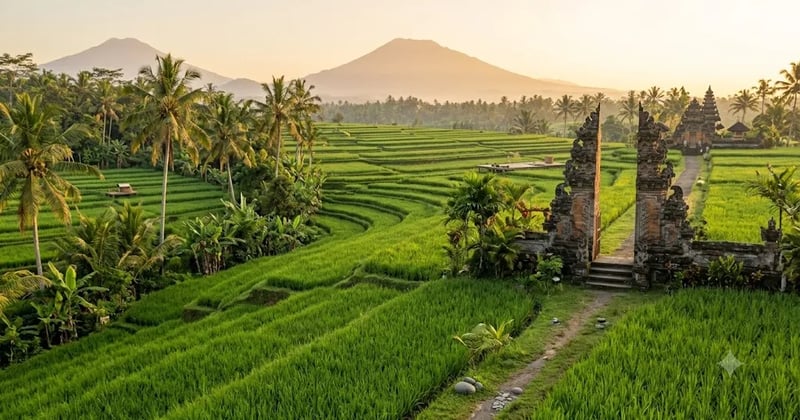 Green Ubud rice terraces with palms and a Balinese stone gate