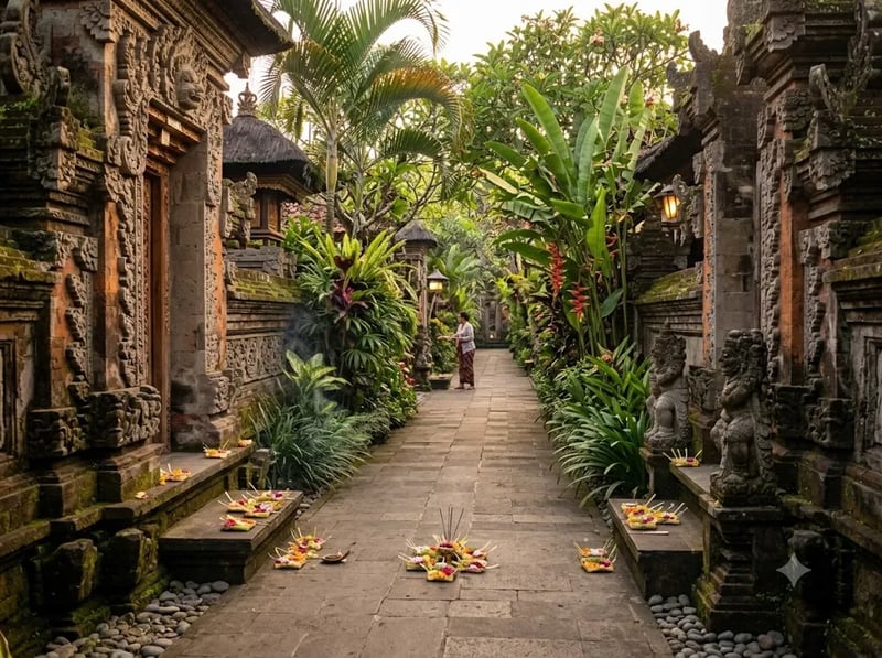 Quiet Ubud street with carved stone architecture and offerings