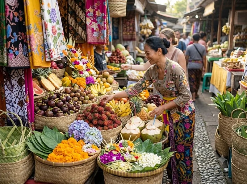 Colourful Ubud market stall with tropical fruit and flowers