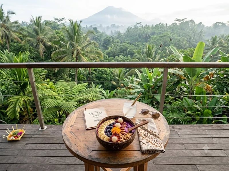 Smoothie bowl on a cafe table overlooking jungle