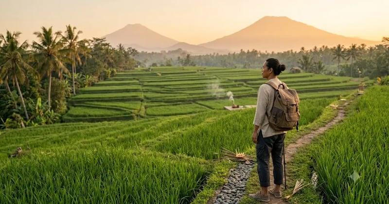 Solo traveller with a backpack on a path through rice fields