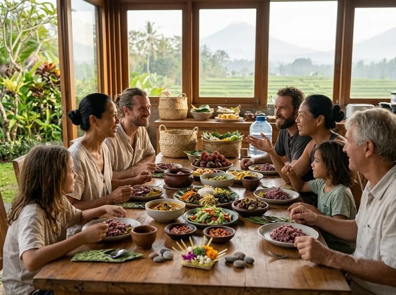 People talking warmly around a shared meal table