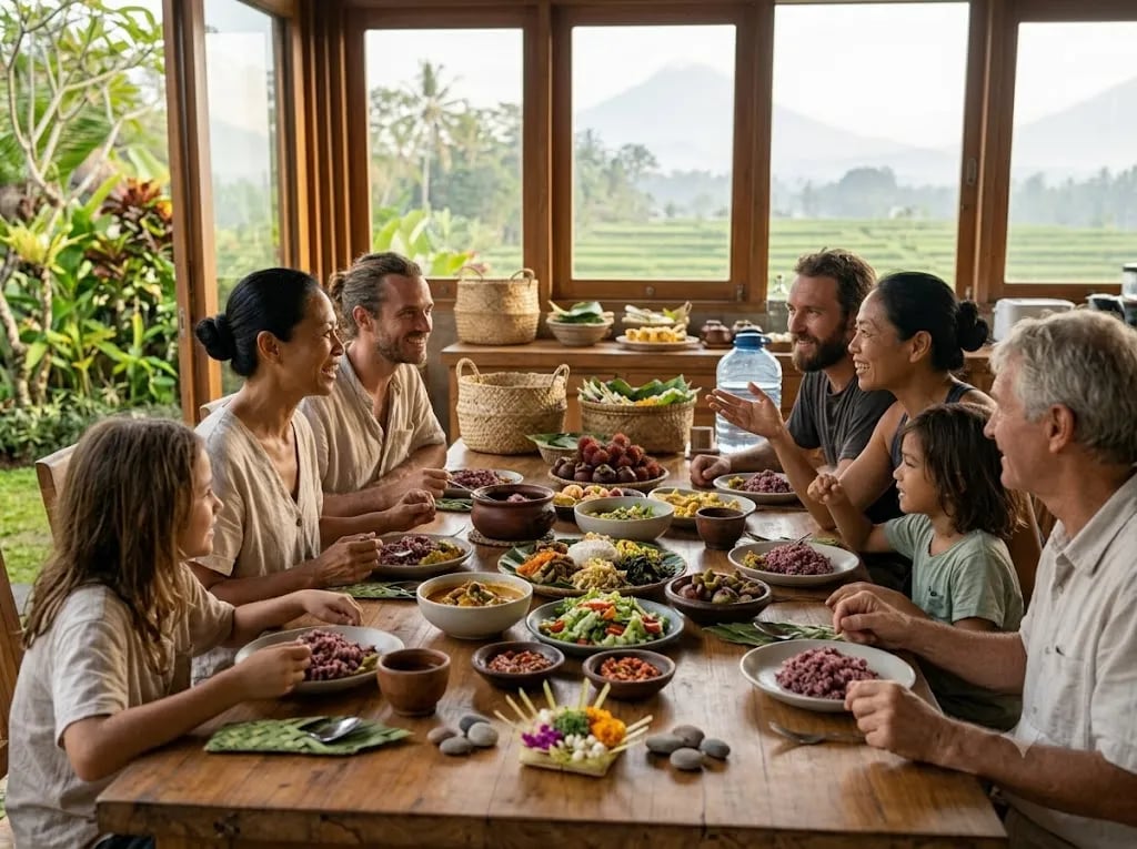 People talking warmly around a shared meal table