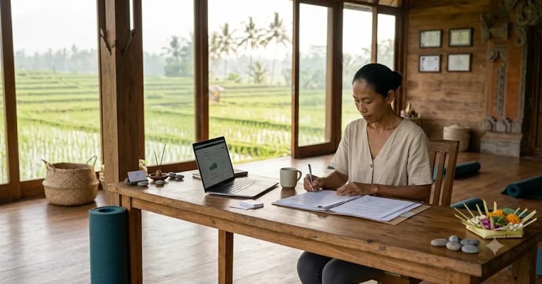 Yoga teacher reviewing paperwork at a desk beside a rolled mat