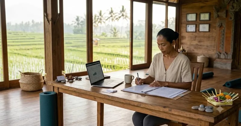 Yoga teacher reviewing paperwork at a desk beside a rolled mat