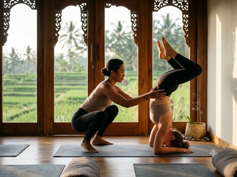 Teacher carefully spotting a student in a balancing pose
