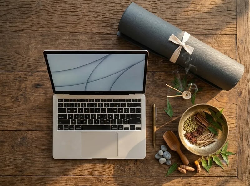 Laptop, pen and yoga mat on a wooden surface