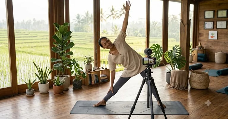 Teacher filming an online class with a phone on a tripod at home