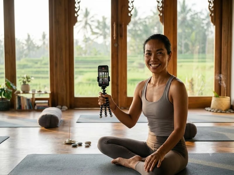 Teacher smiling while recording a phone video on a mat