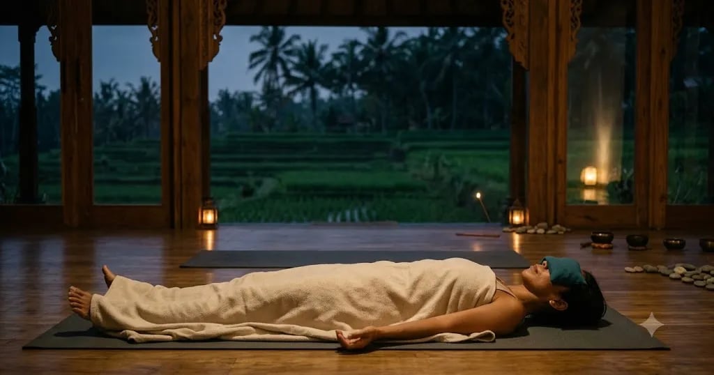 Person lying in savasana under a blanket with an eye pillow