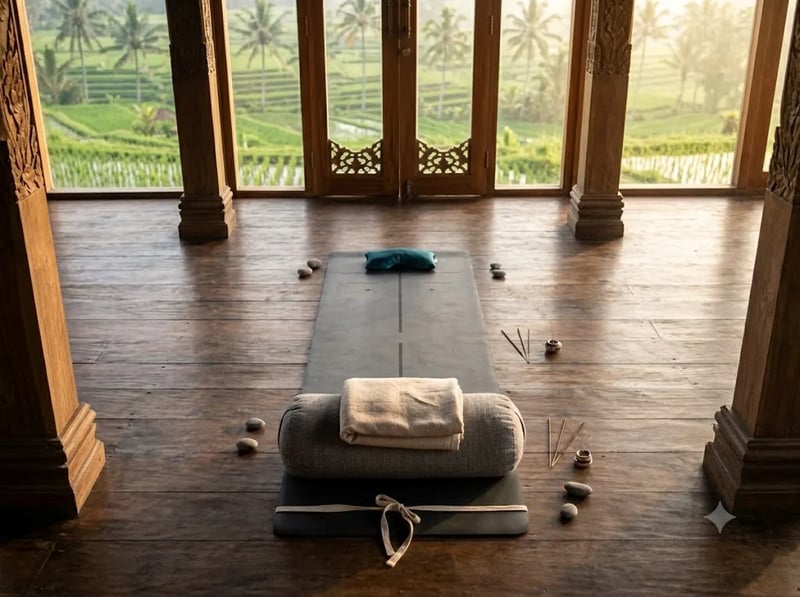 Yoga-nidra setup with bolster, blanket and eye pillow