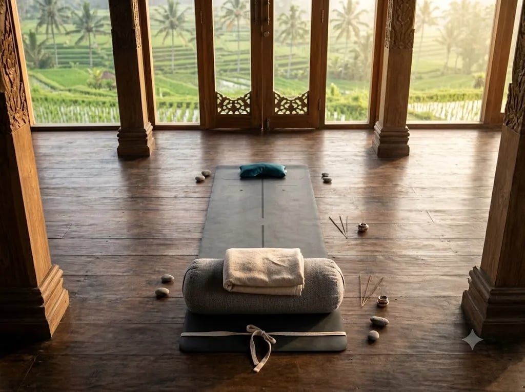 Yoga-nidra setup with bolster, blanket and eye pillow