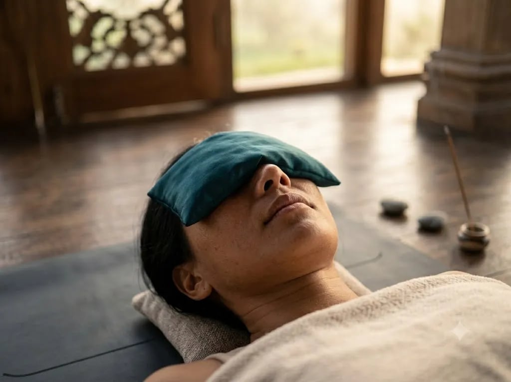 Serene relaxed face resting under an eye pillow