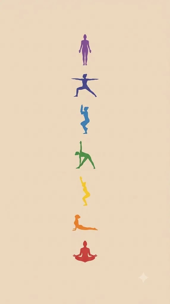 Seven posture silhouettes tinted from red to violet