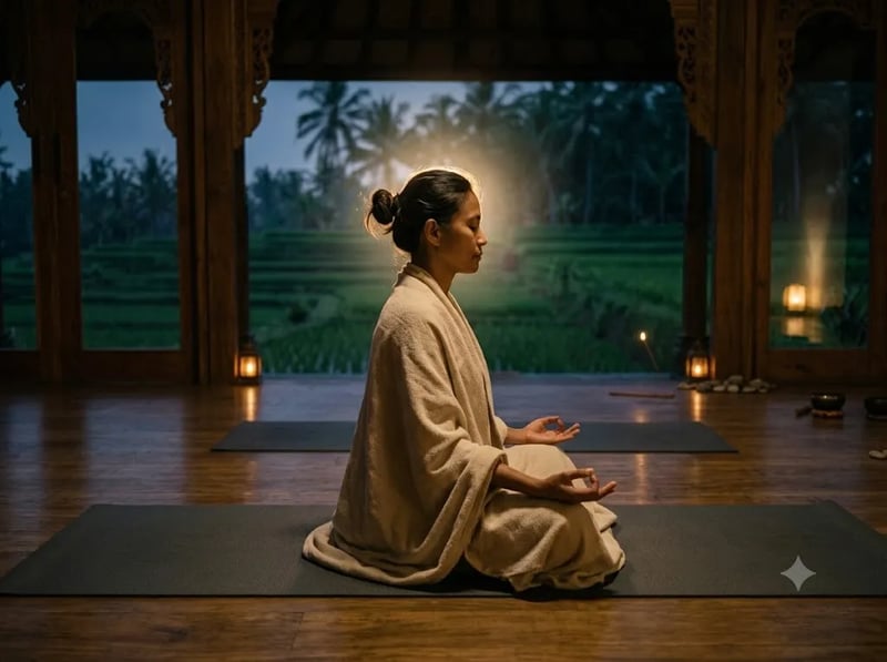 Seated meditation with a soft glow at the crown