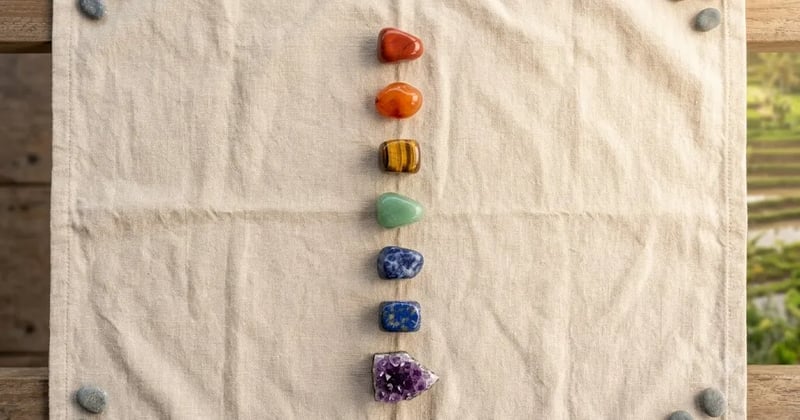 Seven chakra crystals arranged from red jasper to amethyst
