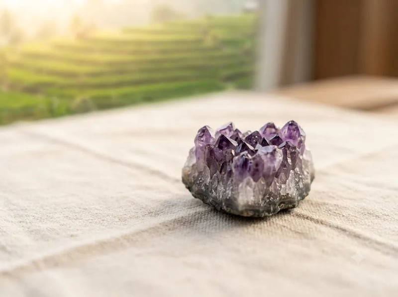 Amethyst cluster catching soft daylight on linen