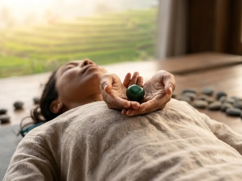 Hands holding a smooth green stone over the chest