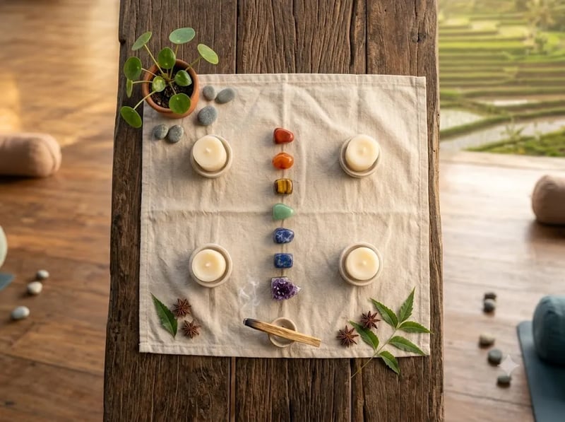 Crystals and a candle arranged on a wooden altar