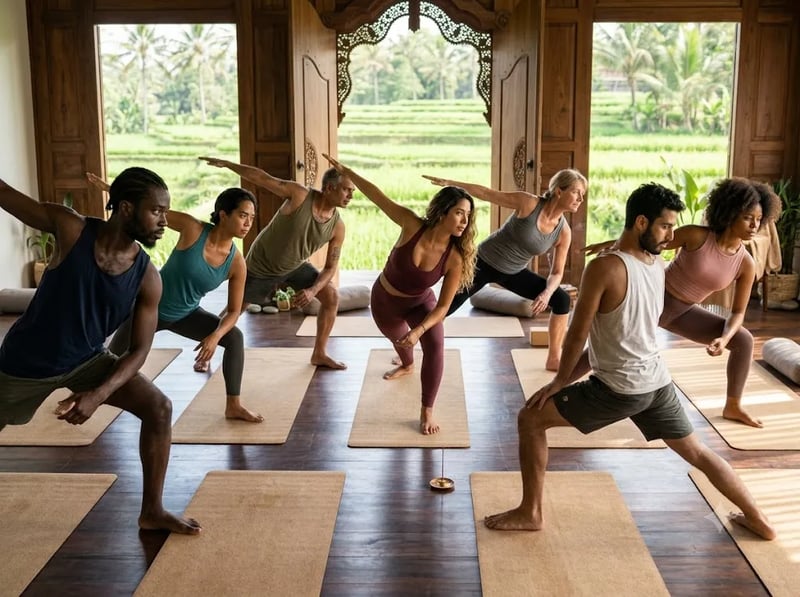 Diverse students following a pose together in a sunlit studio