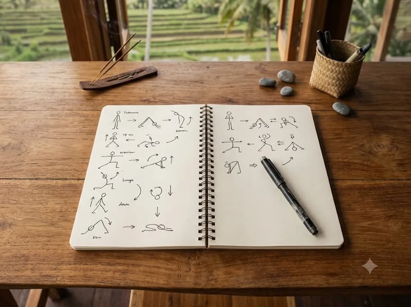 Notebook with sketched posture stick-figures and arrows