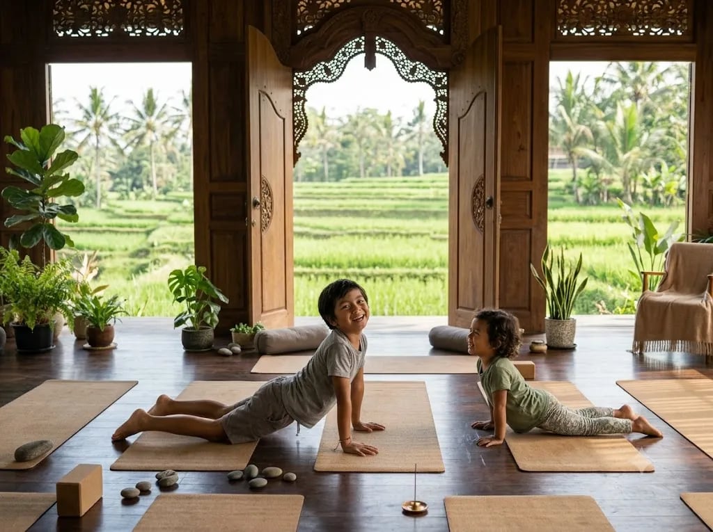 Two children smiling in cobra pose on their mats