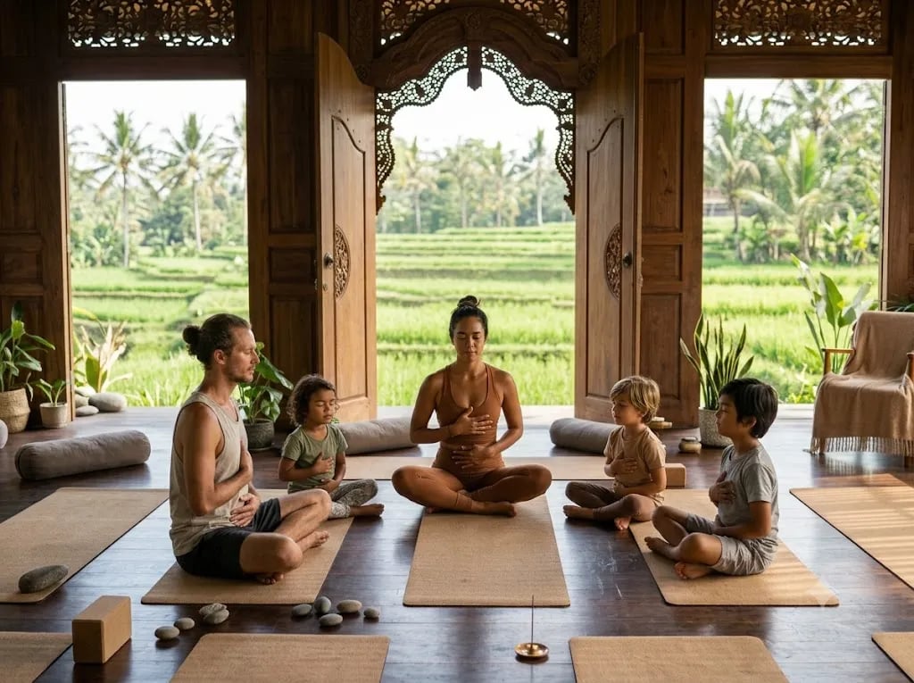 Family sitting in a circle breathing together with hands on bellies
