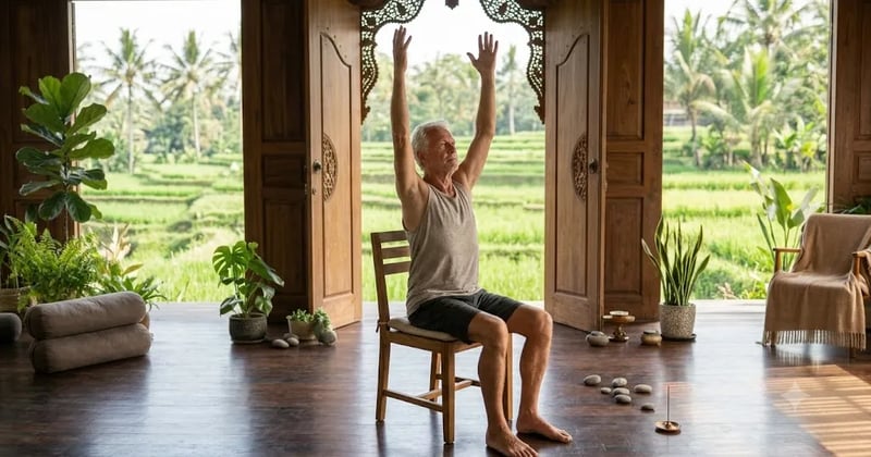 Older adult doing a seated chair-yoga stretch with arms raised