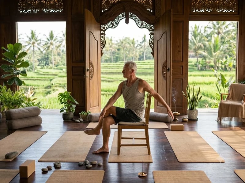 Seated chair twist with a hand on the knee