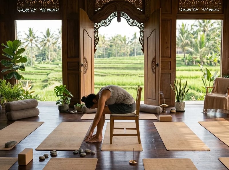Seated forward fold over the lap in a chair