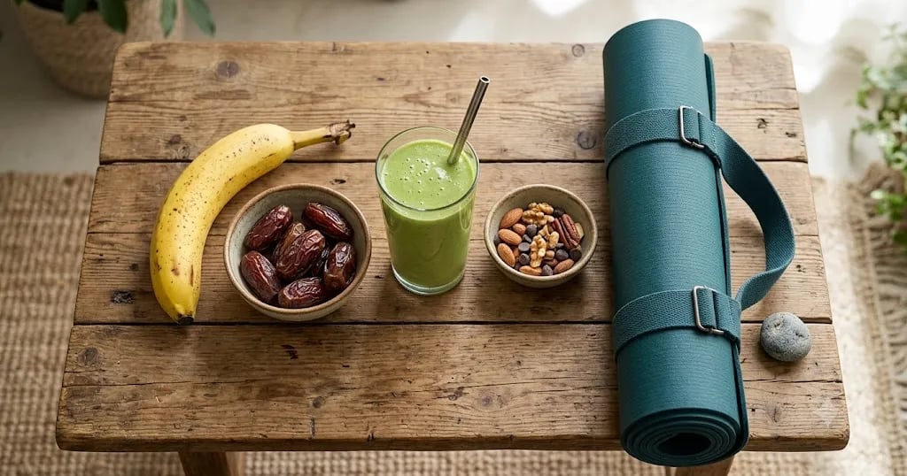 Banana, dates, smoothie and nuts beside a rolled mat on a table
