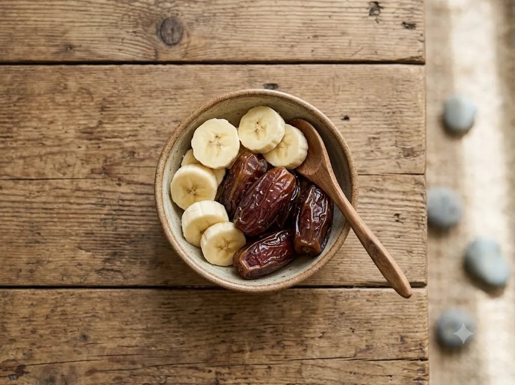 Bowl of sliced banana and dates on a wooden table
