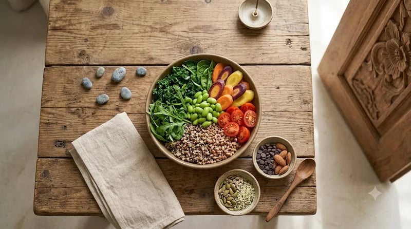 Colourful post-practice bowl with grains, greens and seeds