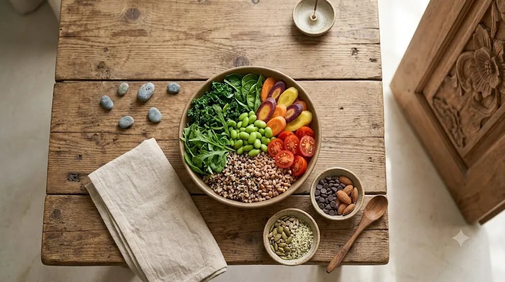 Colourful post-practice bowl with grains, greens and seeds