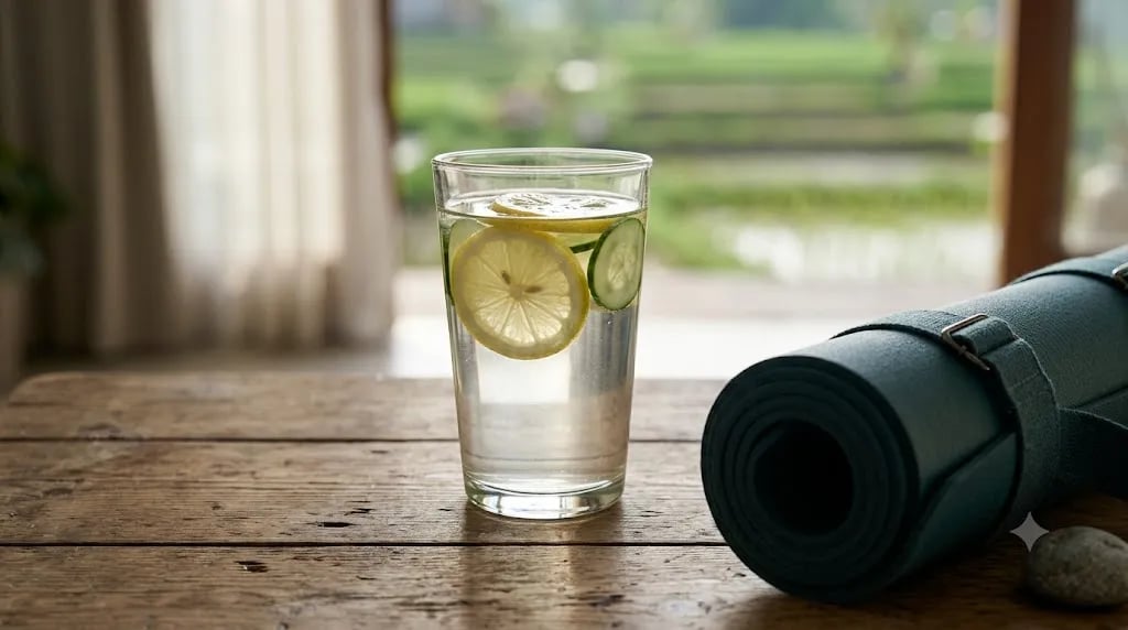 Glass of water with lemon and cucumber beside a rolled mat