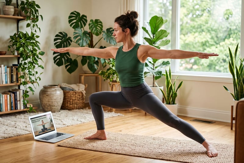 Woman in Warrior II pose practising at home while following an online yoga teacher training on a laptop