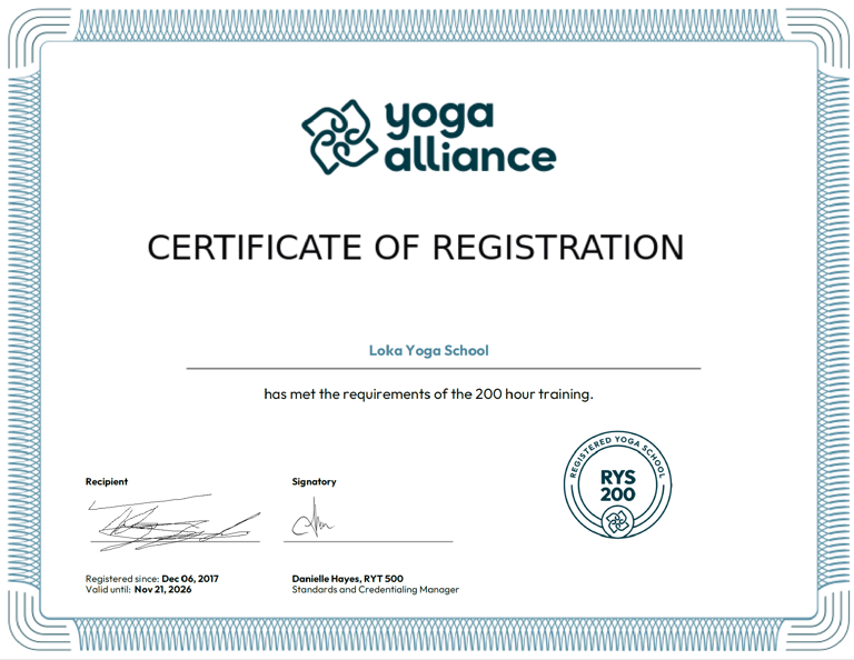 Yoga Alliance certificate of registration for Loka Yoga School's RYS 200 yoga teacher training